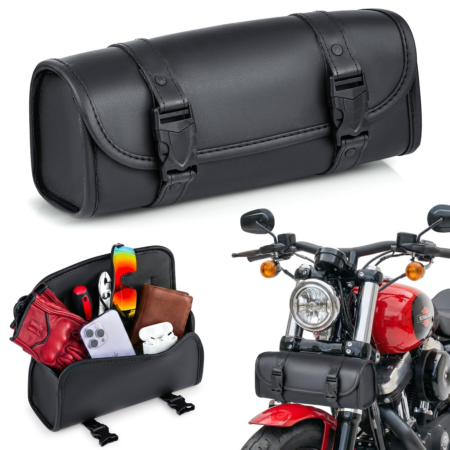 Nomad Motorcycle Tool Bag–Universal Handlebar Pouch–Waterproof Cruiser Biker Roll Bag Front Fork or Saddlebag Storage (Black)