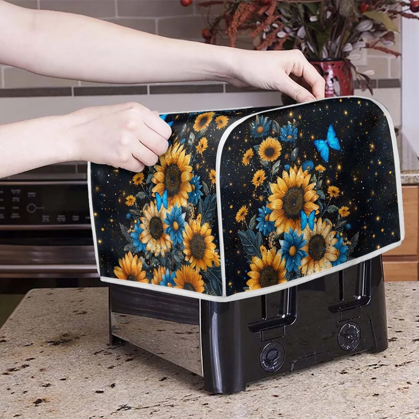 ASQVTIFE 4 Slice Toaster Covers for Kitchen Butterfly Dust Covers for Kitchen Appliances Sunflower Bread Machine Oven Dust Cover Top Handle Design Greasy Protection Anti Sputtering