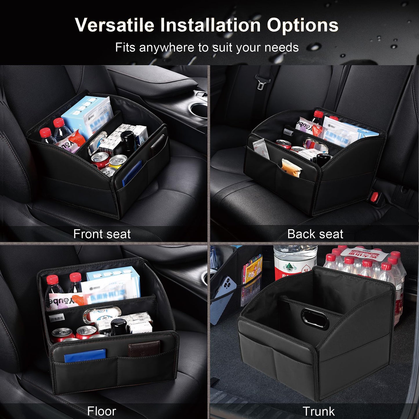 Uplien Car Storage Organizer [2025 UPDATED] Leather Car Caddy Basket for Front Seat Floor Back Seats Metal Handle 6 Compartments Adjustable Strap Buckles Slip-Resistant (Black)