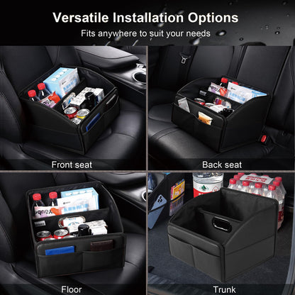 Uplien Car Storage Organizer [2025 UPDATED] Leather Car Caddy Basket for Front Seat Floor Back Seats Metal Handle 6 Compartments Adjustable Strap Buckles Slip-Resistant (Black)