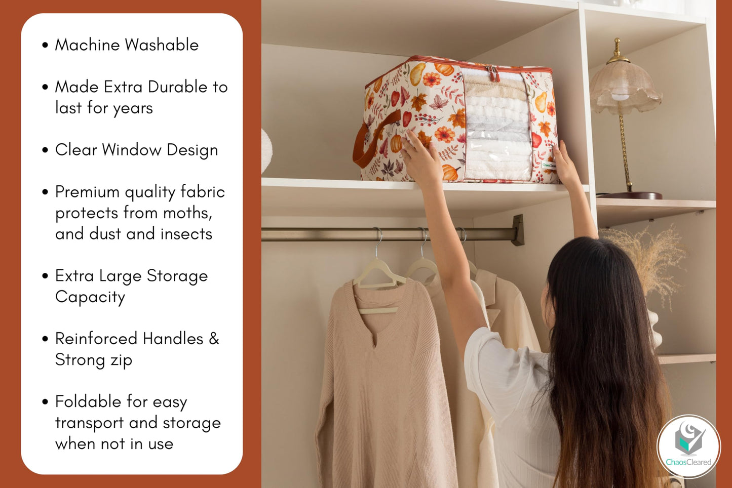 Chaos Cleared Canvas Storage Bags Designer Organizer 2 Pack – Seasonal Storage for Sweaters, Blankets, Linens & Garments – Foldable Design with Zip & Window (Autumn Print)