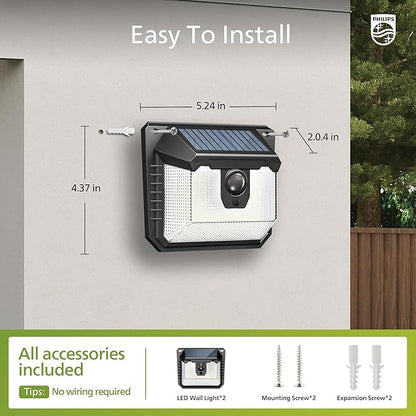 Philips Solar Lights Motion Sensor Outdoor, 120 LEDs Solar Powered Security Lights,3 Lighting Modes, Waterproof Wall Lights for Outside Yard Fence Garden Garage