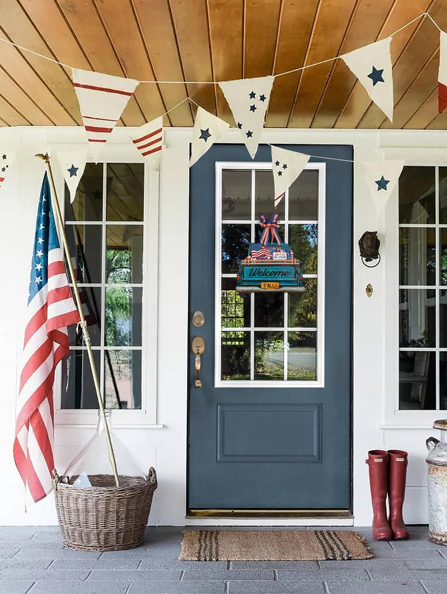 Interchangeable Welcome Sign for Front Door Blue Farmhouse Truck Decor Hanging Sign with 11 Interchangeable Seasonal and Holiday Decor Signs 12x14 in. (Blue Farmhouse Truck)