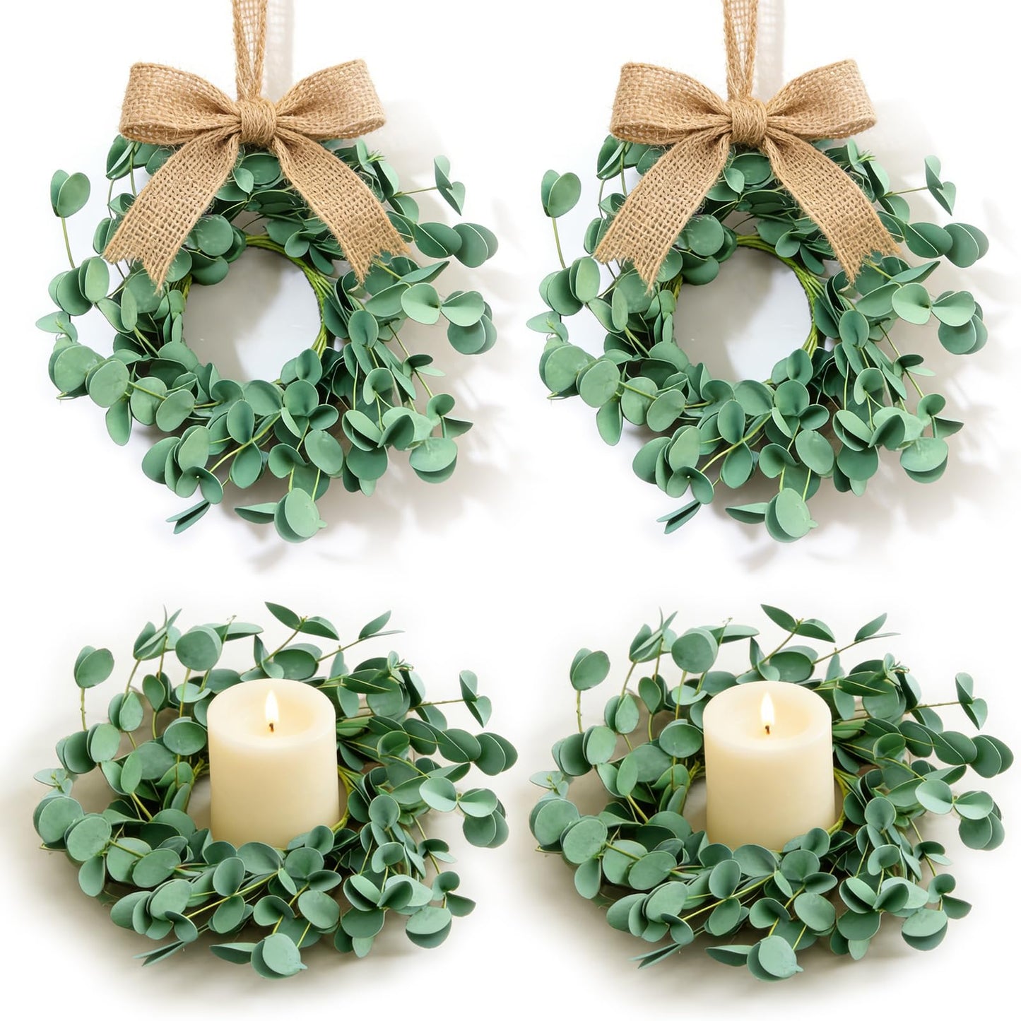 4 Pcs Small Spring Summer Candle Ring Wreaths with Artificial Eucalyptus Greenery Mini Pillar Candle Holder Wreath for Home Table Centerpieces Kitchen Wedding Farmhouse Party Decor