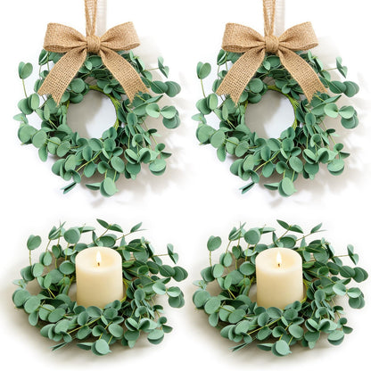 4 Pcs Small Spring Summer Candle Ring Wreaths with Artificial Eucalyptus Greenery Mini Pillar Candle Holder Wreath for Home Table Centerpieces Kitchen Wedding Farmhouse Party Decor