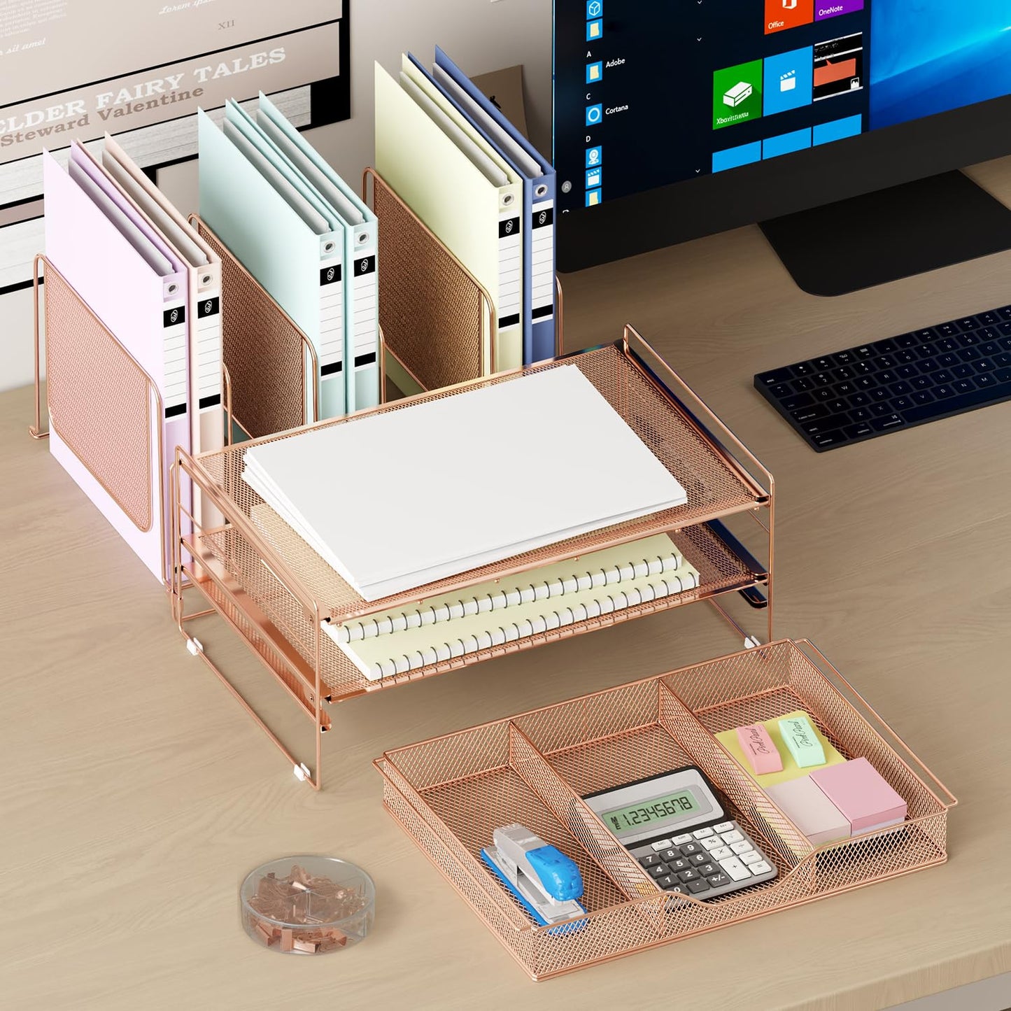 LEKETREE Rose Gold Desk Organizer, Office Organization with Vertical File Holder, File Organizer with Drawer and Office Supplies, Desk Accessories and Workspace Organizers (Rose Gold)