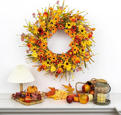 JINGHONG Fall Wreaths for Front Door 22 Inch Artificial Fall Wreath Floral Autumn Wreath with Colorful Daisies Orange Foliage for Indoor Outside Door Harvest Festival Thanksgiving Day Celebration