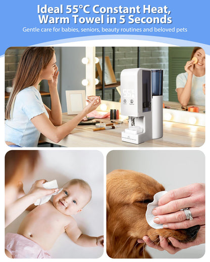 Hot Face Towel Heater Machine, Automatic Disposable Towel Warmer with Steam, 5-Second Heating, 55°C Constant Temperature, Portable Face Towel Steamer (1PC Towel Machine+100PCS Towels)