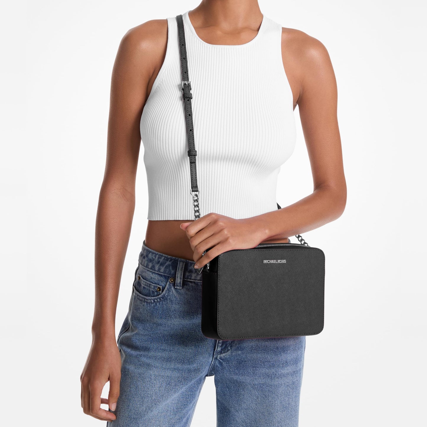 Michael Kors, Women's, Jet Set Large Crossbody Bag, Gold-Tone Hardware/Saffiano Leather/Black