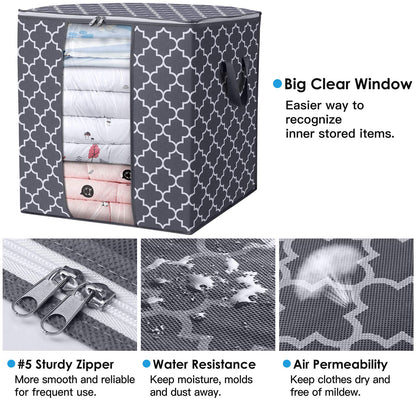 WISELIFE Storage Bags [3 Pack/100L] Large Blanket Clothes Organization and Storage Containers for Comforters,Bedding, Foldable Organizer with Reinforced Handle, Clear Window, Sturdy Zippers,Gray