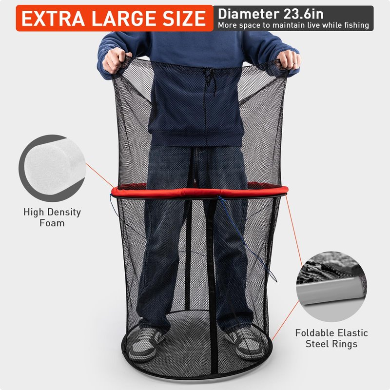 QualyQualy Floating Fish Basket 41/73 Gallons, Foldable Fishing Net Bait Cage for Live Caught Fish, Extra Large Fishing Basket Portable Kayak Fishing Live Well Baitfish Minnow Bucket
