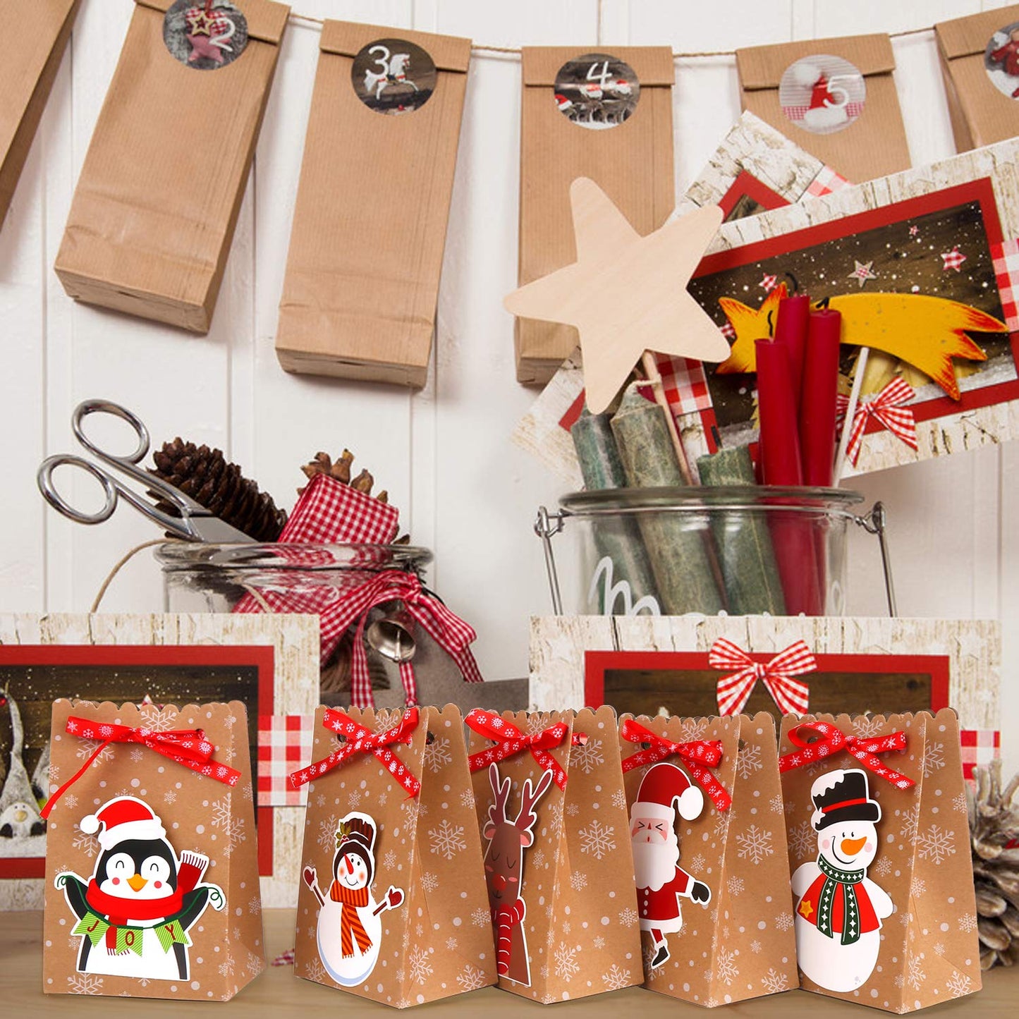 FINGOOO 24 Christmas Kraft Gift Bags,Mini 5x3x7 Inch Holiday Treat Bags Xmas Paper Goody Bags with Ribbon for Christmas Party Supplies (6 Designs)