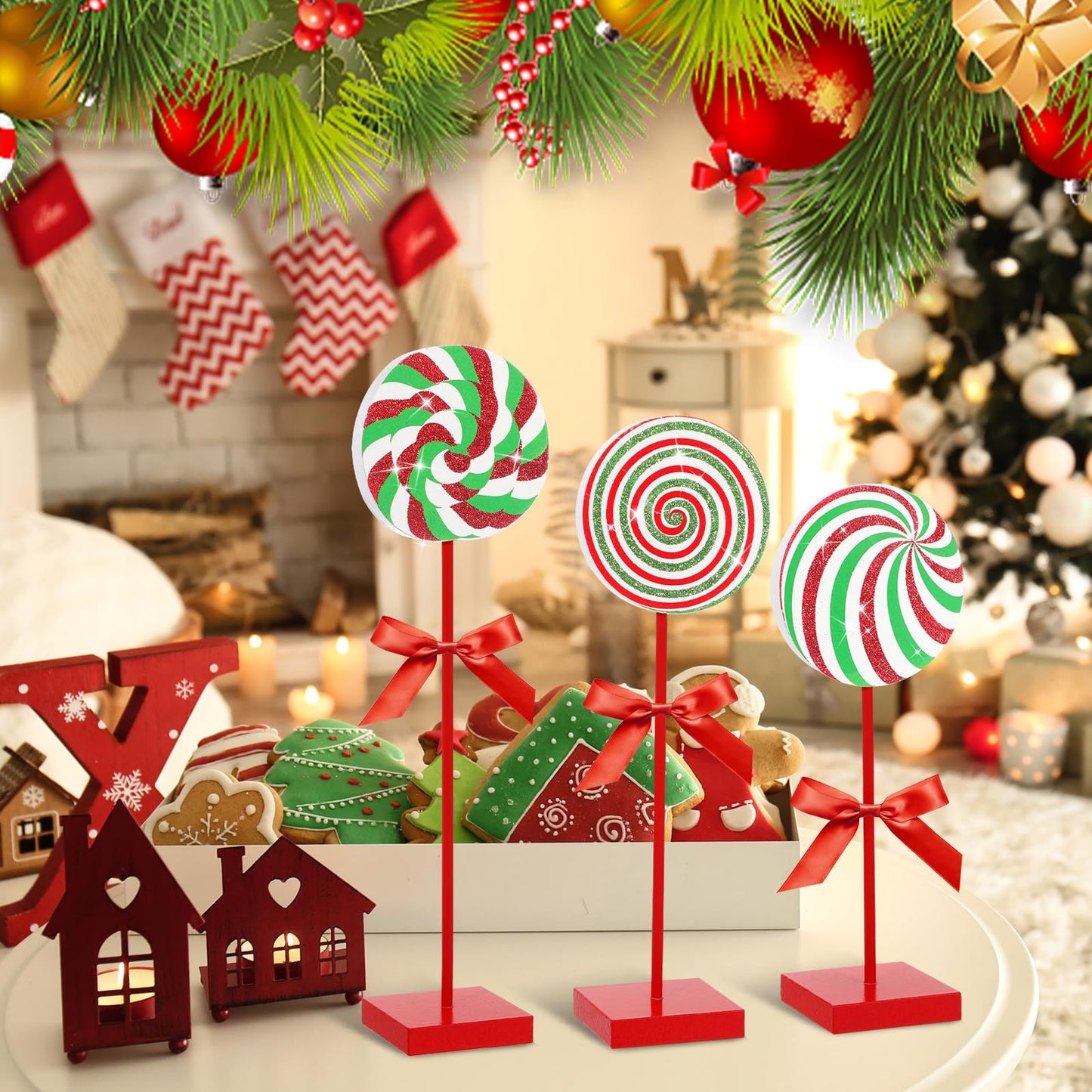 Amyhill 8 Pcs Christmas Candy Wooden Tabletop Decor Glitter Xmas Candy Cane Table Centerpiece Sign for Christmas Tiered Tray Home Desk Office Party Decoration(Exquisite,Red,Green)