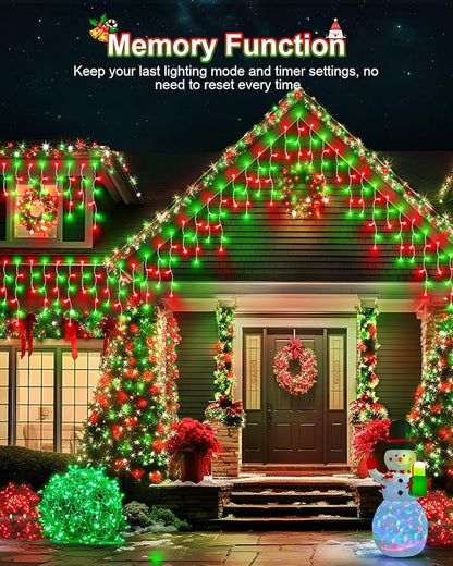 Christmas Lights Outdoor, 53 FT 486 LED Christmas Lights for Outside, Timer & Memory, Plug in 8 Modes Hanging Fairy Light with 108 Drops for House Eaves Yard Patio Decorations, Red Green