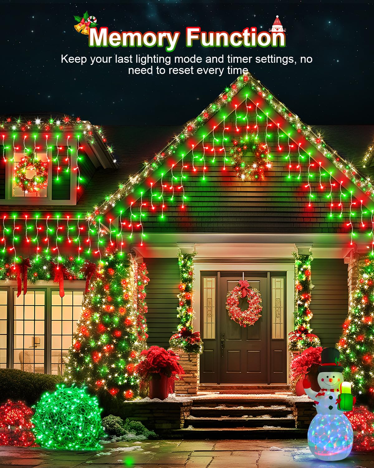 JIXXULVU Christmas Lights Outdoor Red Green, 53 FT 486 LED Christmas Lights for Outside, Timer & Memory, Plug in 8 Modes Hanging Fairy Light with 108 Drops for House Eaves Yard Patio Decorations