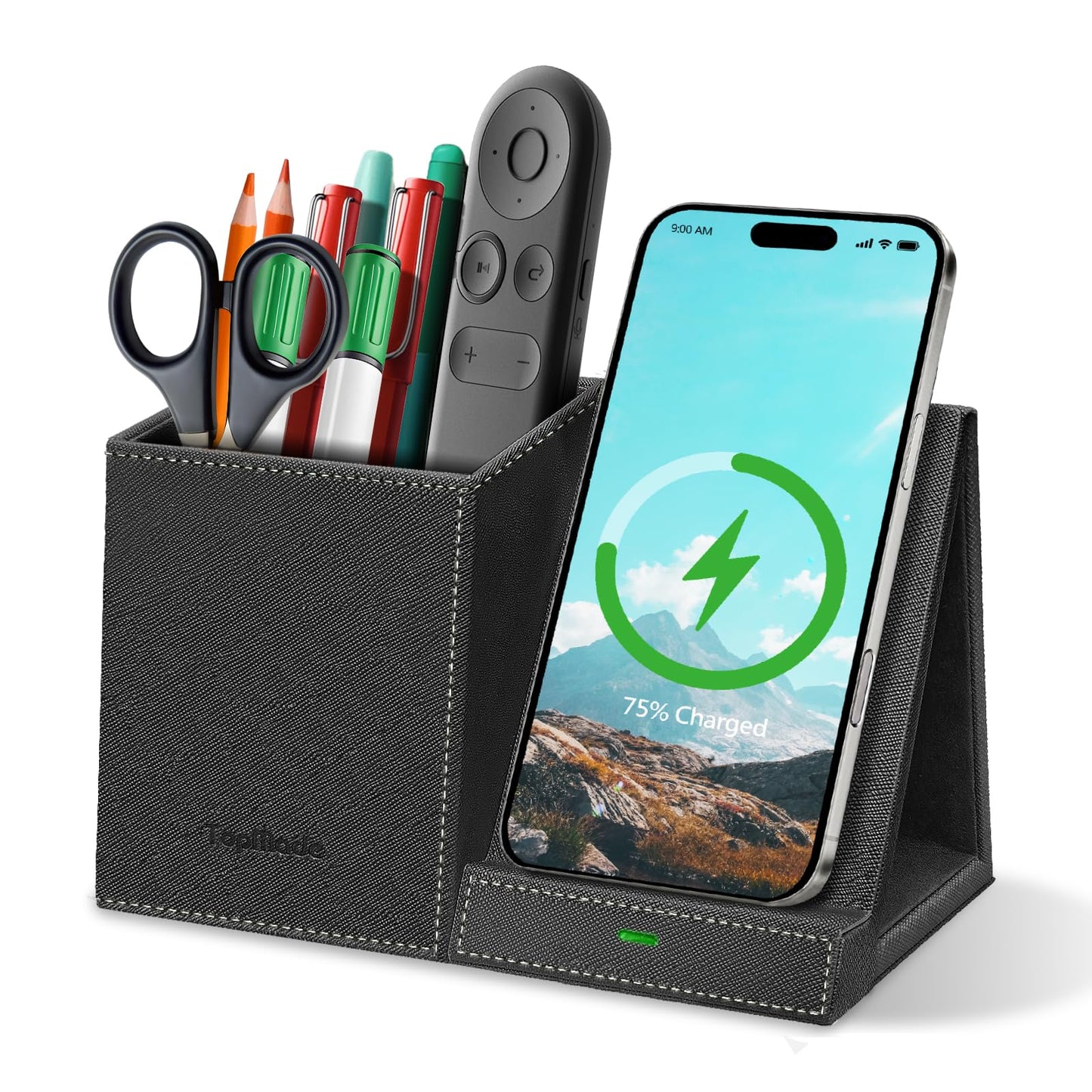 TopMade Wireless Charger with Pen Pencil Holder, Leather Mltifunctional Desk Nightstand Organizer, Fast Charging Station Remote Control Holder, Office Supplies Desk Accessories, Gifts for Men(Black)