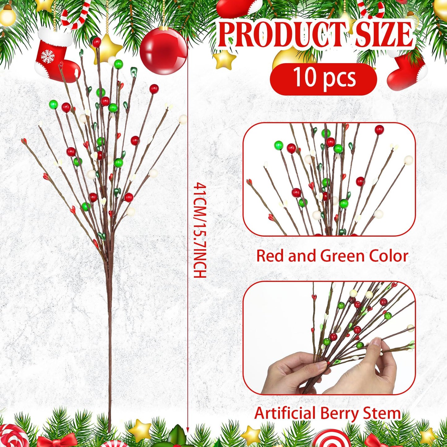 Cindeer 10 Pcs Christmas Floral Picks Berry Red Lime Green White Stem Tree Craft Picks Artificial Berry Spray Fruit Floral Bunch Christmas Tree Branch for Xmas Wreath Vase Home Festival Office Decor