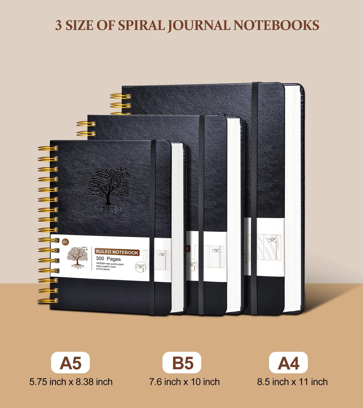 Lined Spiral Notebook Journal, 300 Pages Hardcover Leather Journals for Women Men, B5 Large College Ruled Notebooks, 100 GSM Thick Paper, Spiral Bound Journaling for Writing Work School 7.6"×10",Black
