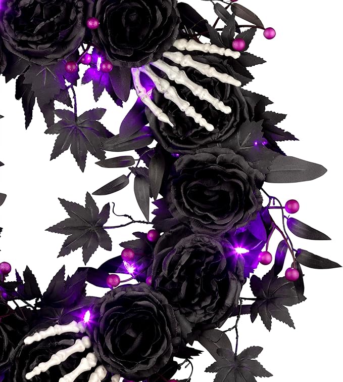 National Tree Company, 24inch Artificial Bad to The Bone Halloween Wreath, 30 Purple LED Lights,