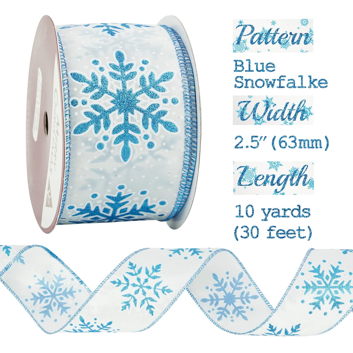 MEEDEE 2.5 Inch White Ribbon with Blue Glitter 10 Yards Wired Snowflake Ribbons Blue and White Ribbon for Christmas Tree, Winter Holiday Decor, Garlands, Wreaths, Gift Wrapping