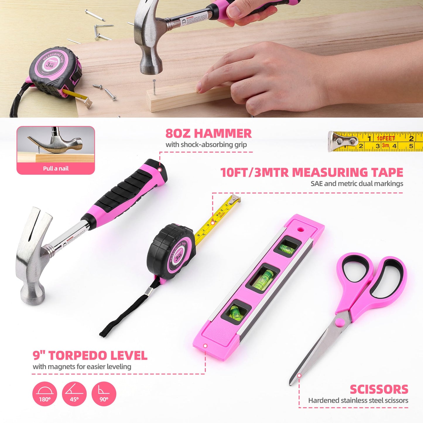 URASISTO 125 PCS Pink Household Tool Set, Pink Ladies Basic House DIY Toolkit Set for Home Garage Office College Dormitory Use, Hand Tool Kits for Women