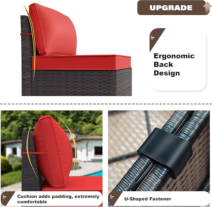 Kurapika 12 Pieces Patio Furniture Set, Rattan Wicker Outdoor Conversation Sets w/4 Inch Cushion and Glass Coffee Table(Red)