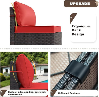 Kurapika 9 Pieces Patio Furniture Set, Rattan Sofa Set, Outdoor Conversation Sets w/Swivel Rocking Chairs Patio Sectional Sofa w/4 Inch Cushion, Red