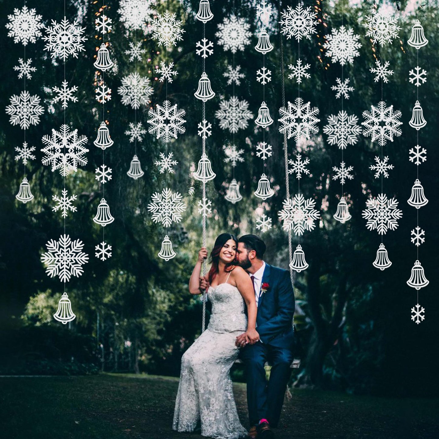 40Ft White Snowflakes Bell Garland Glitter Paper Big Snowflakes Hanging Streamer Backdrop for Winter Wonderland Christmas Holiday Birthday Home Window Wall Room Decor