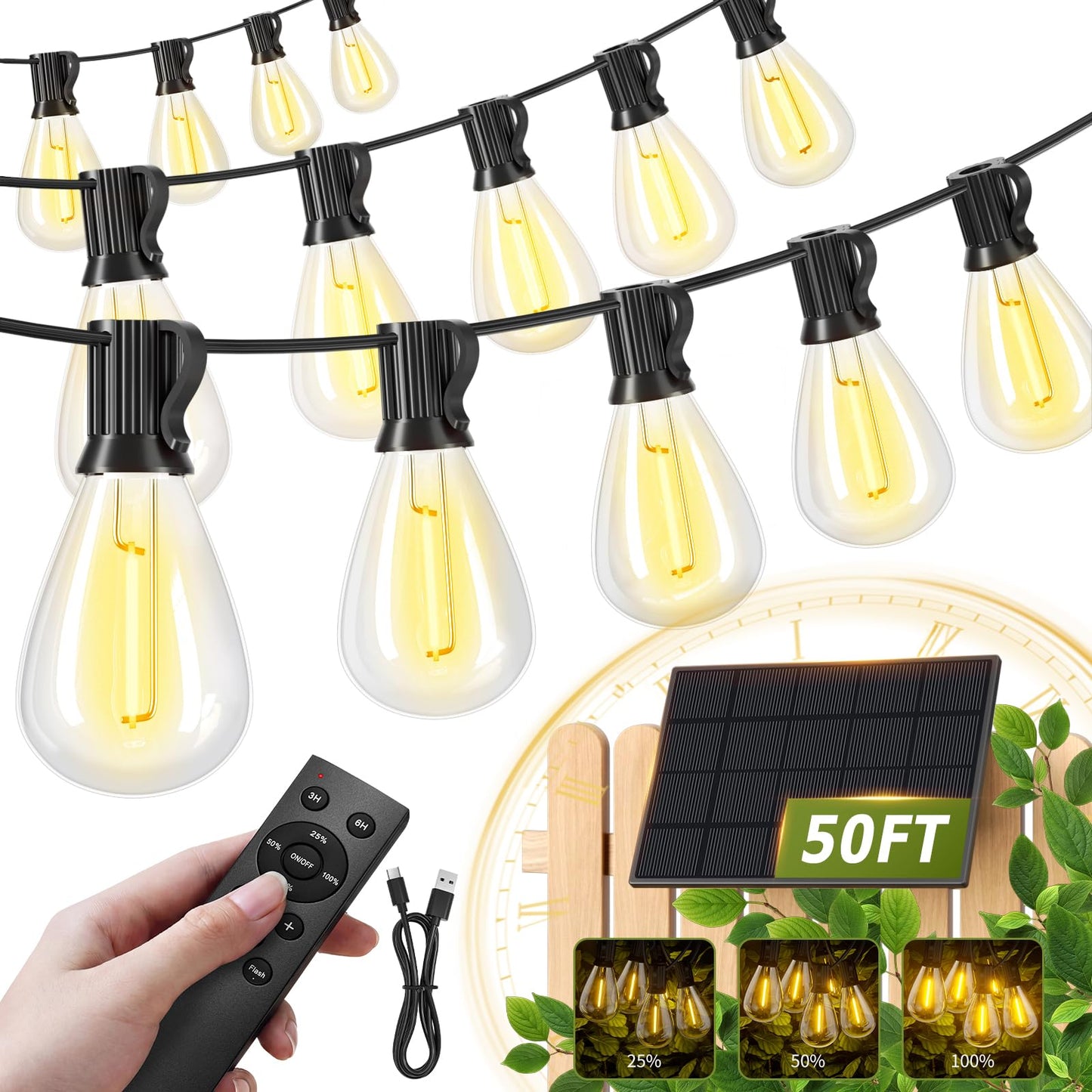 Amzrap 50FT Solar String Lights Outdoor, 18+1LED Shatterproof Bulbs with Remote & USB Port, Waterproof 3 Modes Dimmable Solar Lights for Backyard, Patio, Camping