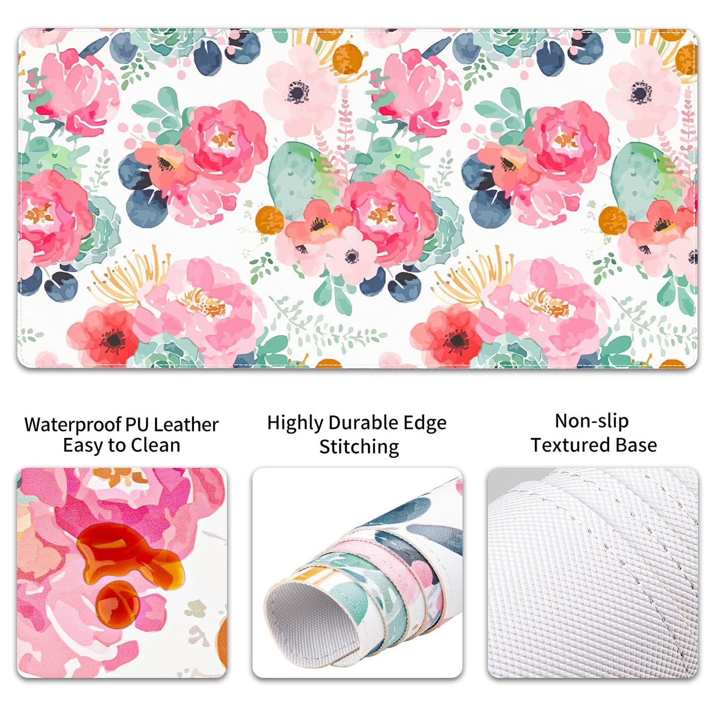 QiyI Leather Desk Mat Set, 4-in-1 Large Mouse Pad with Wrist Rest, Non-Slip Desk Pad + Keyboard Wrist Rest + Mouse Wrist Support + Coaster, Office Desk Accessories Home Decor Supplies, Pink Flowers