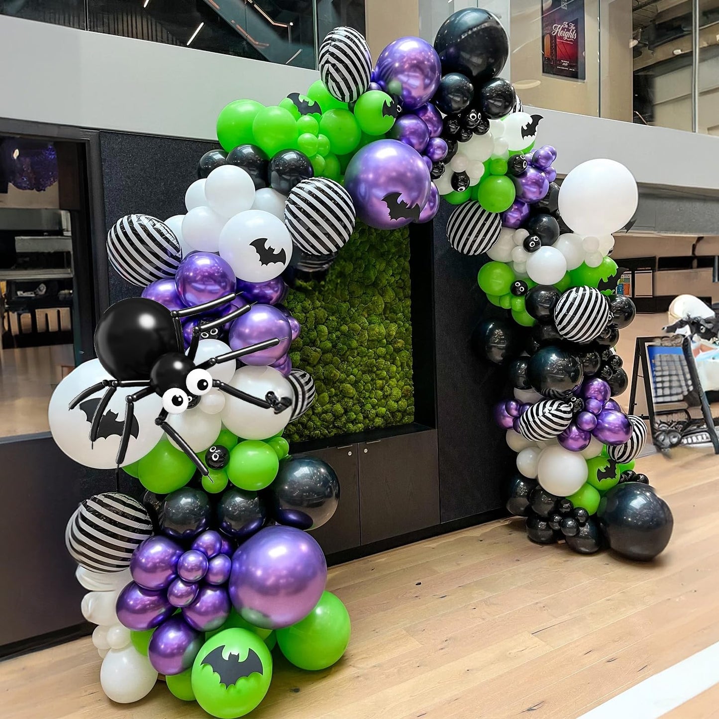 Halloween Balloons Garland Arch Kit, 120pcs Black White Green Purple Balloons, Metallic Purple Spider Striped Foil Balloon 3D Bat Stickers for Happy Halloween Birthday Haunted Theme Party Decorations