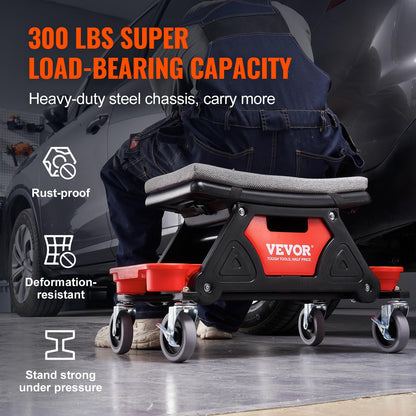 VEVOR Mechanic Stool 300 LBS Capacity Garage Stool Gift for Men, Heavy Duty Rolling Mechanics Seat, with Three Slide Out Tool Trays and Drawer, Tools for Automotive Auto Repair