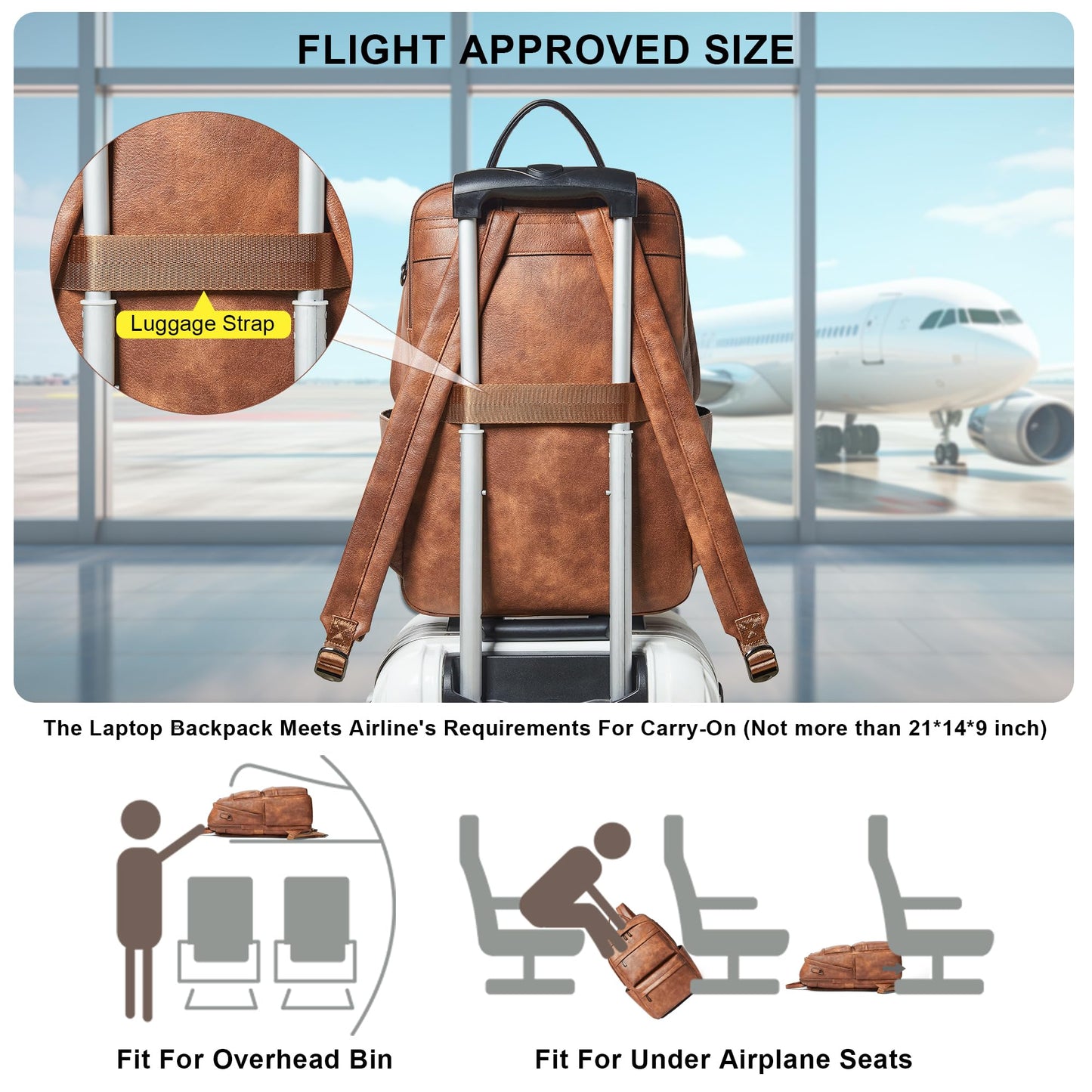 tiamyi Vegan Leather Backpack for Women and Men, Fits 16.0 Inch Laptop, Multi-Pocket Design with Water Bottle and Luggage Strap, Ideal for Work, Travel, and Daily Use, Brown