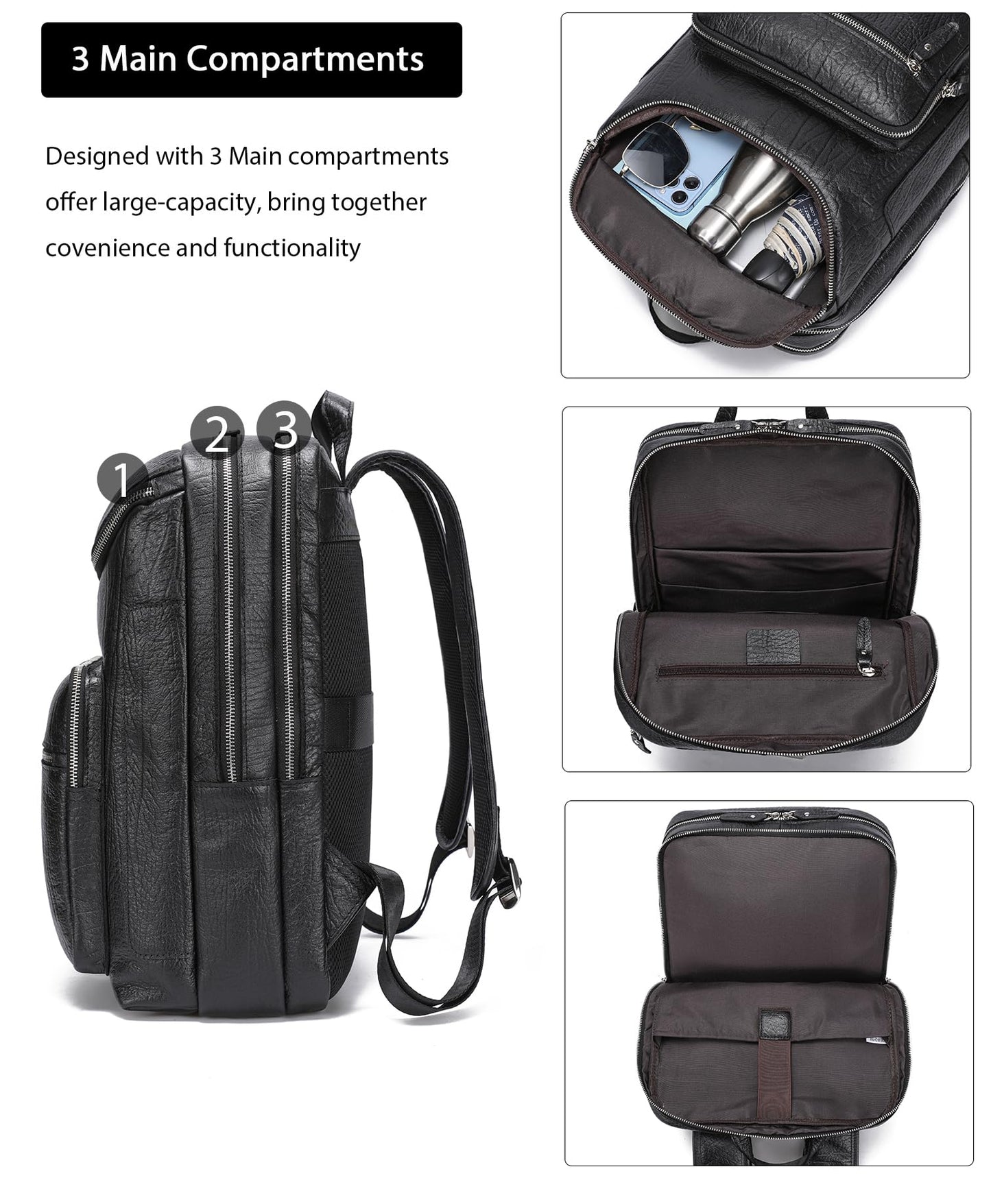 LANNSYNE Full Grain Leather Backpack For Men, 15.6" Leather Laptop Backpack Hiking Travel Bag Camping Rucksack