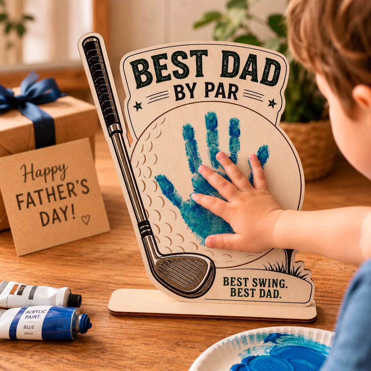 Best Dad By Par Golf, Personalized Wooden Handprint Plaque, DIY Fathers Day Craft from Kids, Family Handprint Kit for Golfer Father, Meaningful Handmade Style Decor for Home