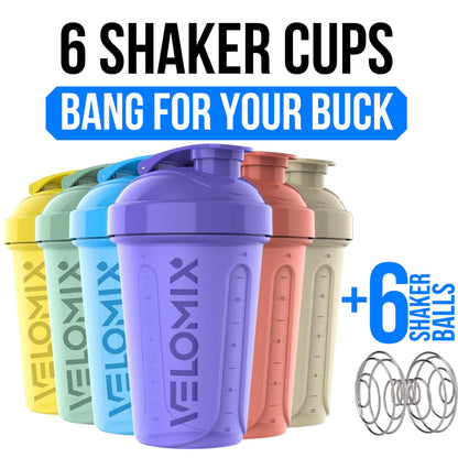 VELOMIX -6 PACK- 20 oz Protein Shaker Bottle for Protein Mixes - 6x Wire Whisk | Leak Proof Shaker Cups for Protein Shakes | Stackable Protein Shaker Bottle Pack | Dishwasher Safe (Pastel Shades)