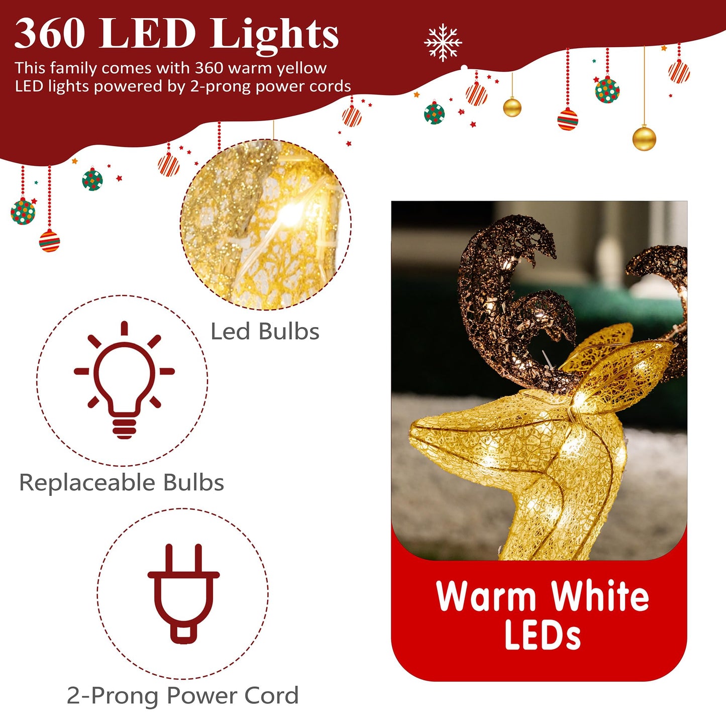 Shintenchi 3-Piece LED Lighted Christmas Deer Outdoor Yard Decorations, 3D Super Large Christmas Reindeer Decor, Outdoor Lighted Holiday Deer with 360 LED Displays for Front Yards Garden Lawn Patio