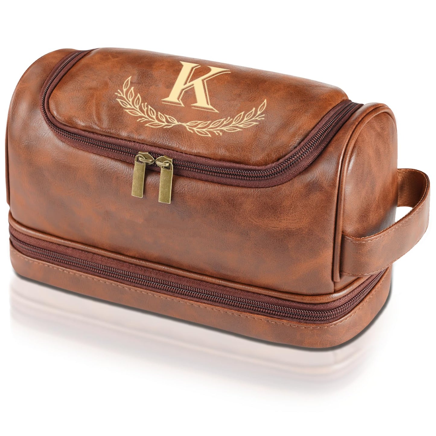 Sparklove Personalized Gifts for Men - Personalized Initial Toiletry Bag with Laser Engraved Monogram - Leather Travel Kit Shaving Organizer - Unique Present for Him, Husband, Boyfriend, Dad （K）