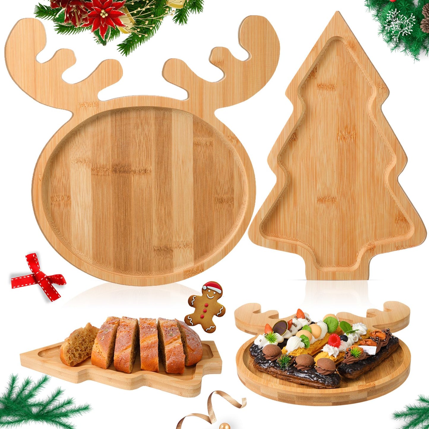 Sintuff 2 Pcs Christmas Charcuterie Board Xams Tree and Elk Shaped Bamboo Serving Tray Natural Wooden Snack Platters Cute Gifts Christmas Tree Platter for Christmas Party 11.8 x 7.9 In, 11.8 x 11.8 in