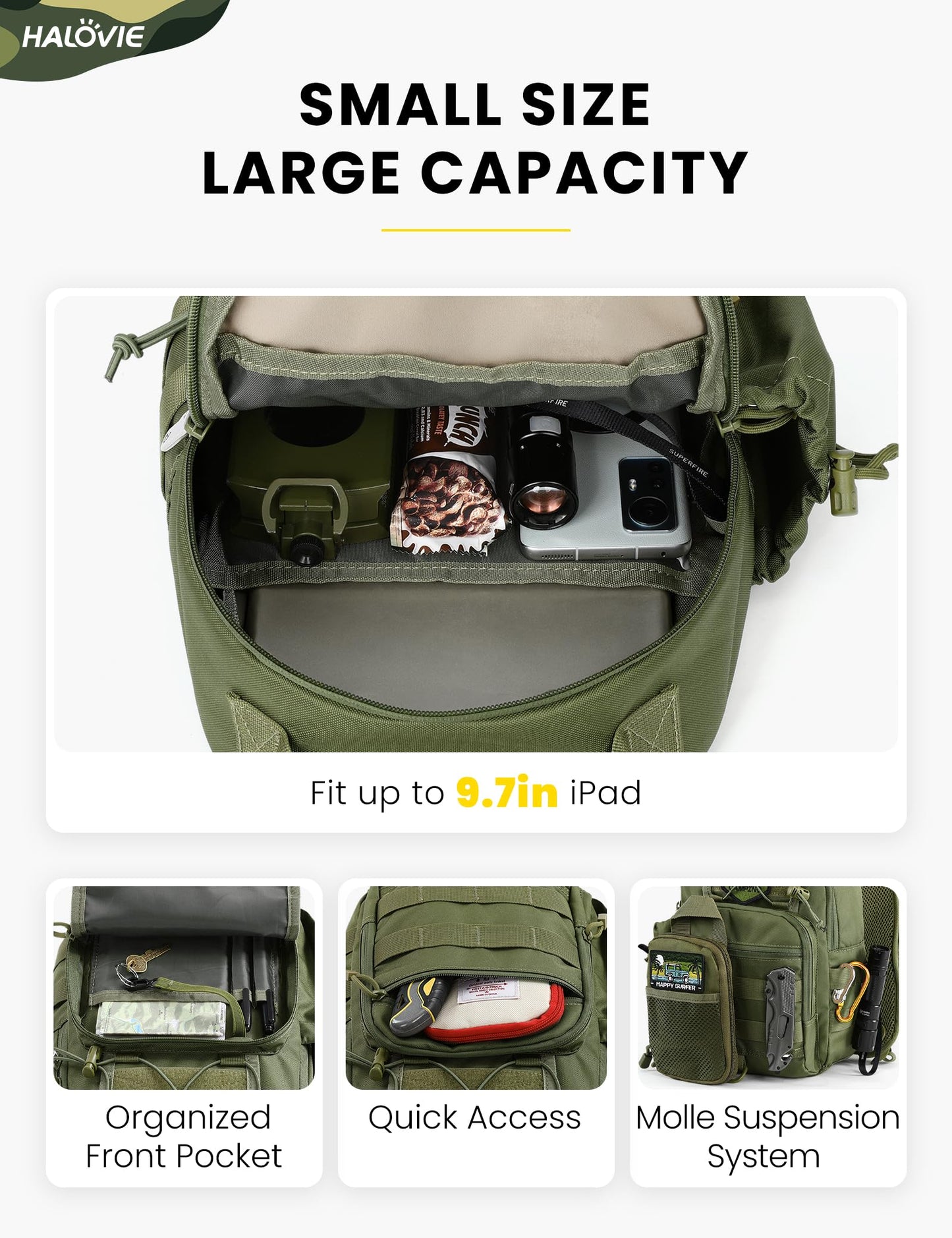 HALOVIE Anti-theft Tactical Sling Bag RFID ArmyGreen Military Shoulder Bag with Phone Pack EDC Molle Crossbody Bag for men