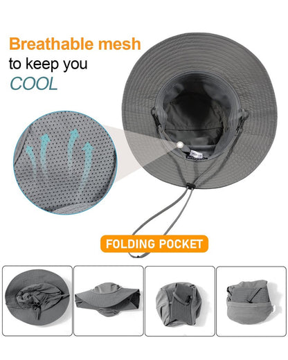 Womens Ponytail Sun Hat Packable UPF50+ Waterproof Bucket Hat Hiking Fishing Safari Hat Foldable Beach Hat Dark Grey