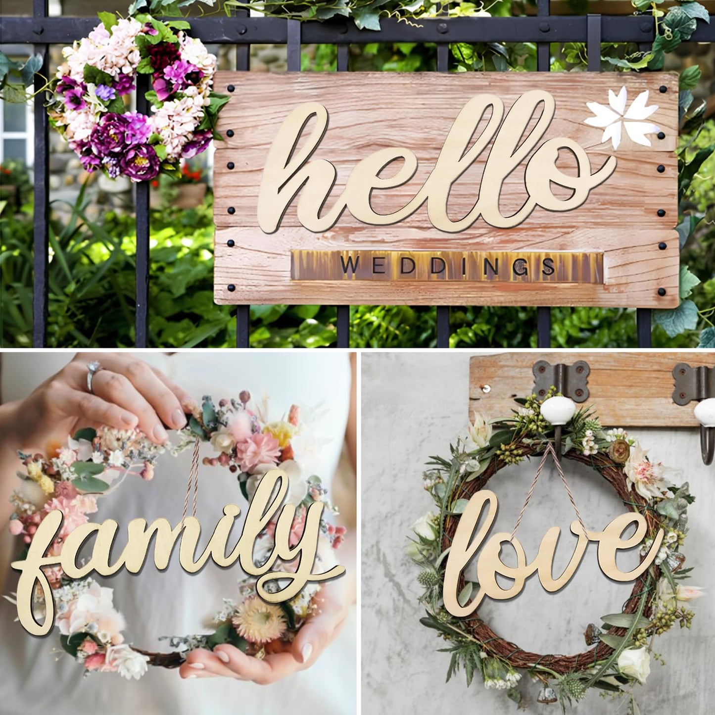 Zaruatu 5 Pcs Unfinished Wood Sign Cutout Wooden Hello Welcome Love Home Family Sign Wooden Hello Welcome Letter Block for Wreath Crafts Decorative Word Signs for Door Wall Christmas Trees (Wood)