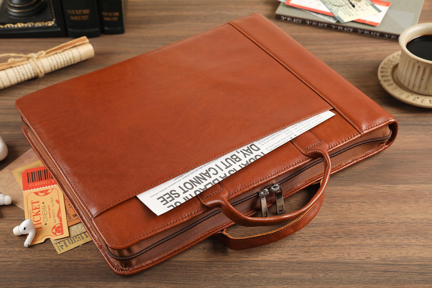 Handmade Leather Business Checkbook Binder - 7 Ring Check Binder with Handle, Check Holder Checkbooks for Business Checks for 3 Per Page 600 Checks Capacity for 9 x 13 inch Sheets, Oil Brown