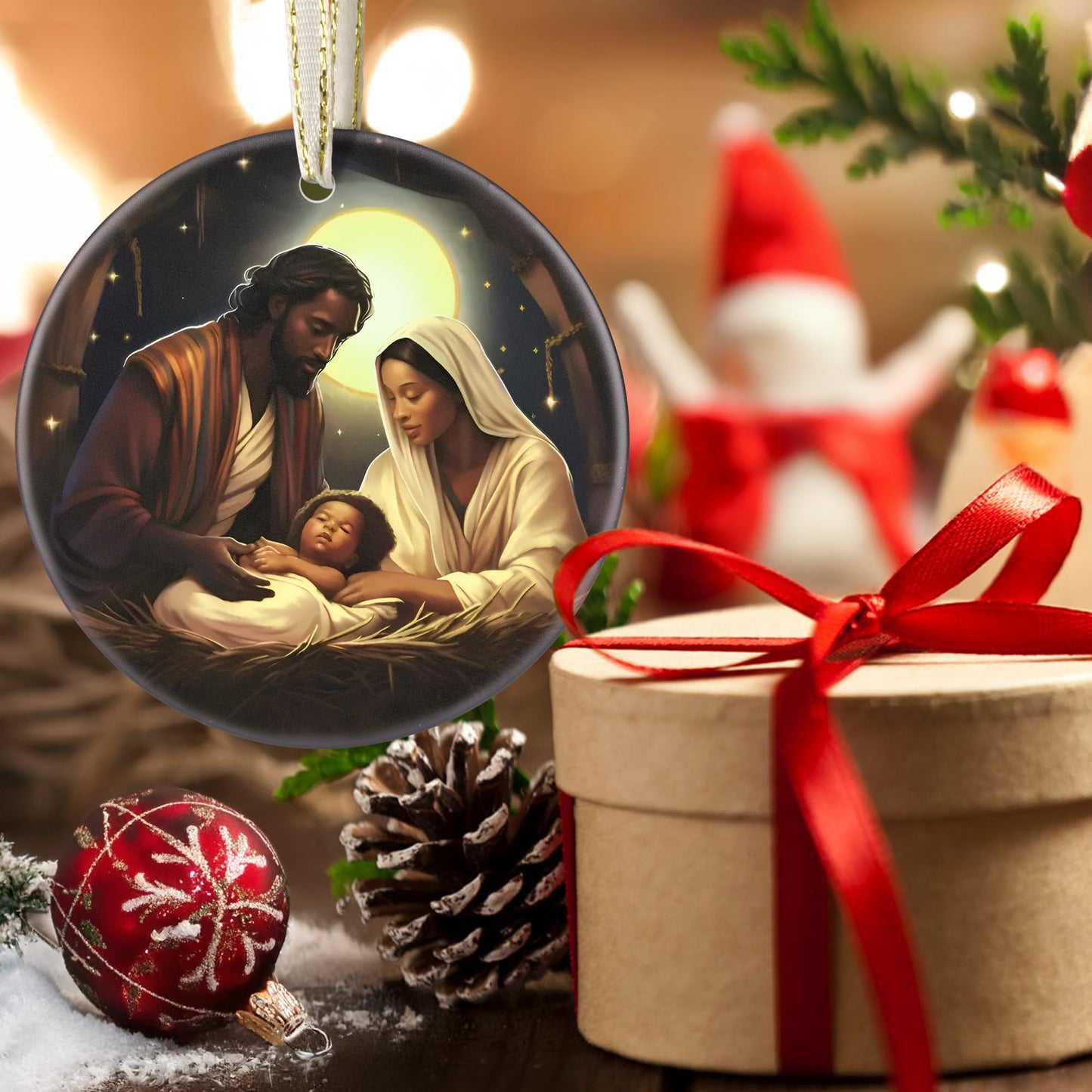 LAOWEIKI Nativity Christmas Ornament, 3.5 Inch Ceramic, Christian Gift, Christmas Tree Decor