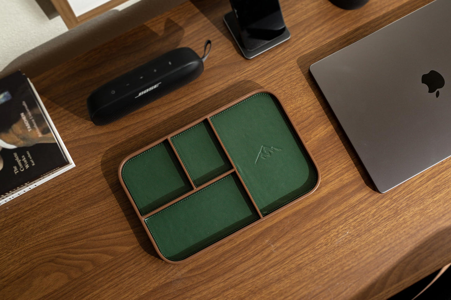 MUUJEE Leather Catchall Multitray (Design 3) - 11.65 x 7.75 x 0.8, Nightstand Entryway Bedside Dump Tray Valet Organizer for Keys Phone Wallet Watch Glasses Pens, Office Desk Accessory for Men, Green