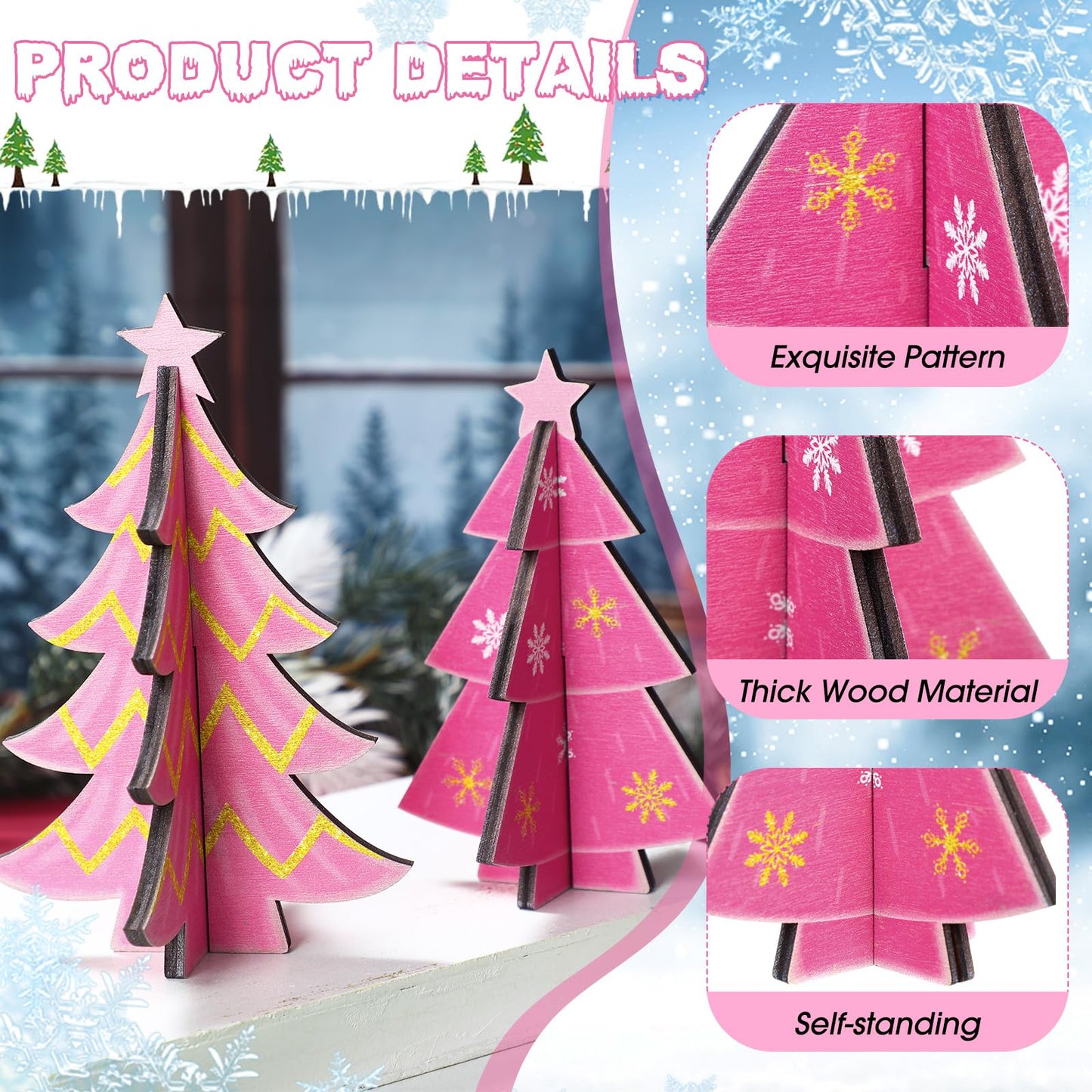 Bucherry 5 Pcs Pink Wooden Christmas Trees Tabletop Decorations Rustic 3D Christmas Trees Xmas Centerpieces Farmhouse Table Wooden Signs for Xmas Winter Farmhouse Home Tiered Tray Decor