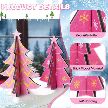 Bucherry 5 Pcs Pink Wooden Christmas Trees Tabletop Decorations Rustic 3D Christmas Trees Xmas Centerpieces Farmhouse Table Wooden Signs for Xmas Winter Farmhouse Home Tiered Tray Decor