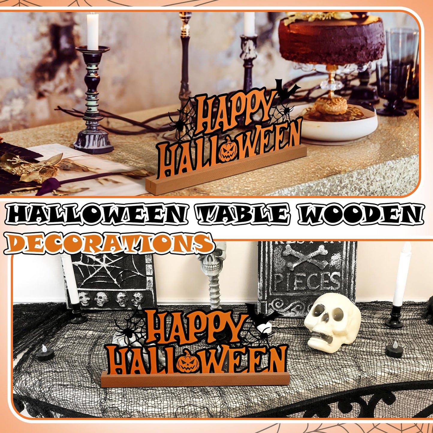 Yaocom 13.78 Inch Happy Halloween Sign Metal Halloween Decorations for Home Letter Tabletop Decoration with Wooden Base Cutout Word Table Centerpiece for Home Tiered Tray Centerpiece Mantel Shelf