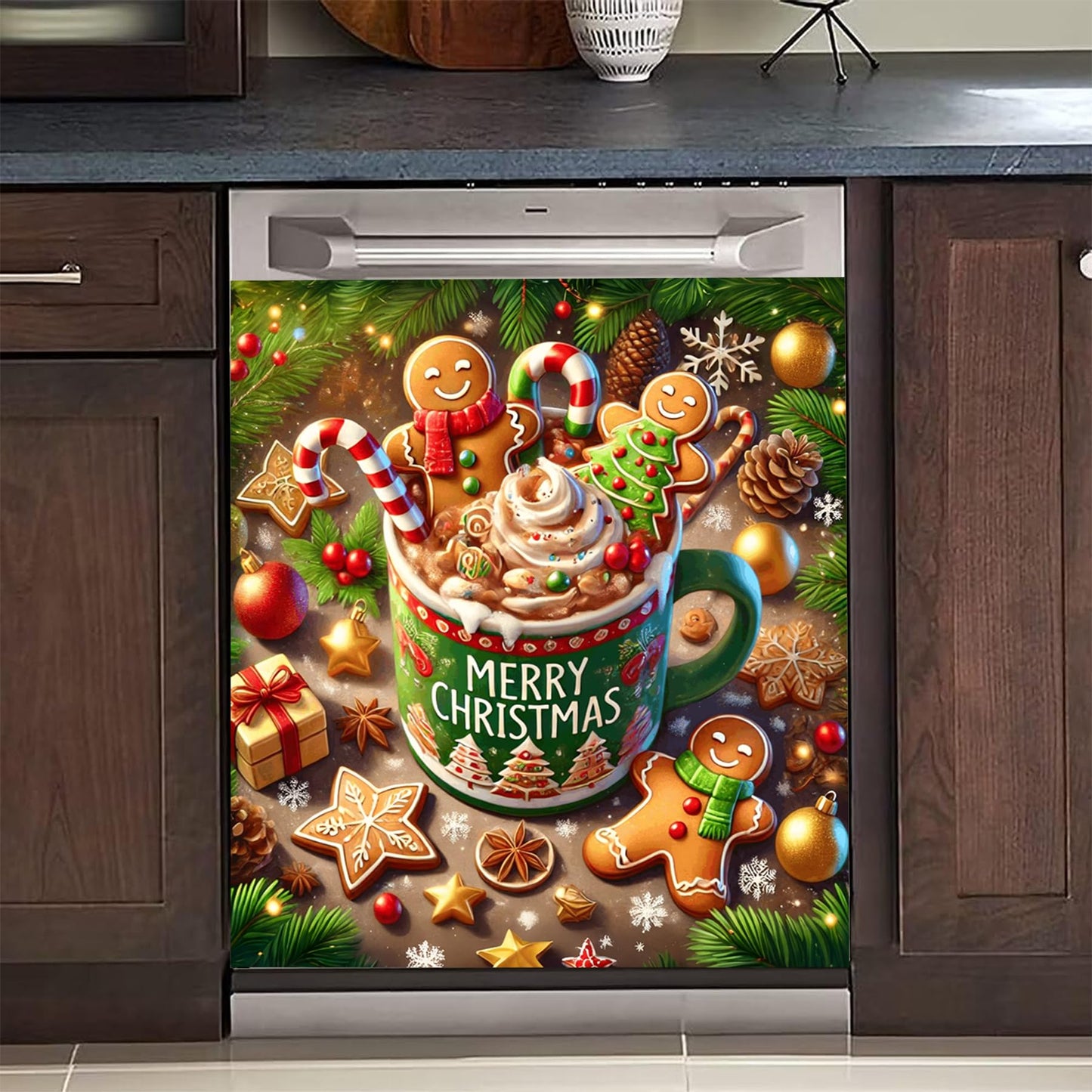 BVBOX Christmas Dishwasher Magnet Cover 23"x26", Reusable Magnetic Refrigerator Covers, Dishwasher Magnets Decorative Cover Fridge Door Skin Panel Stickers (Gingerbread Man Cocoa)