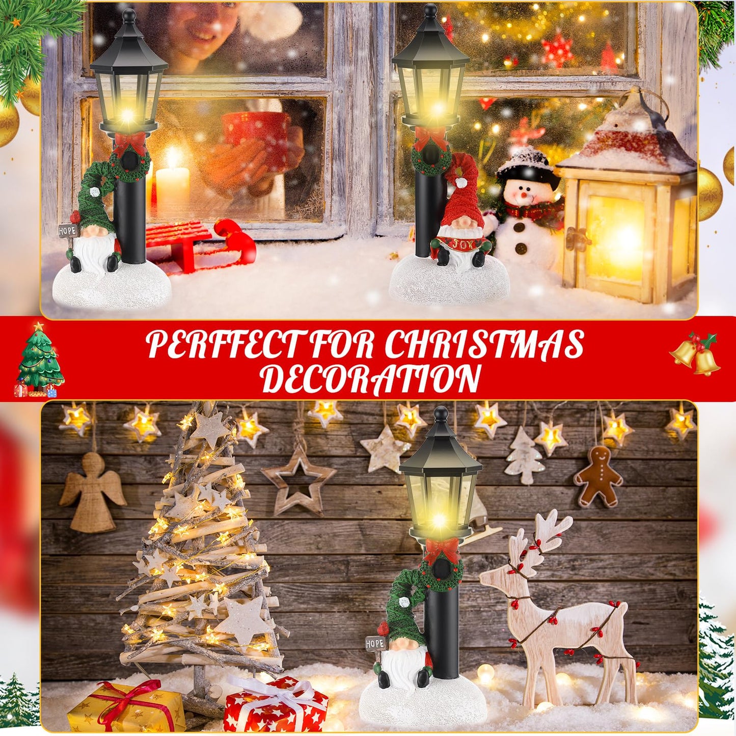 GlikCeil 2 Pcs Christmas Gnome Decorations 10" Resin Christmas Lighted Gnomes Figurines Table Decor Xmas Battery Operated Mini Street Statue for Home Fireplace Shelf